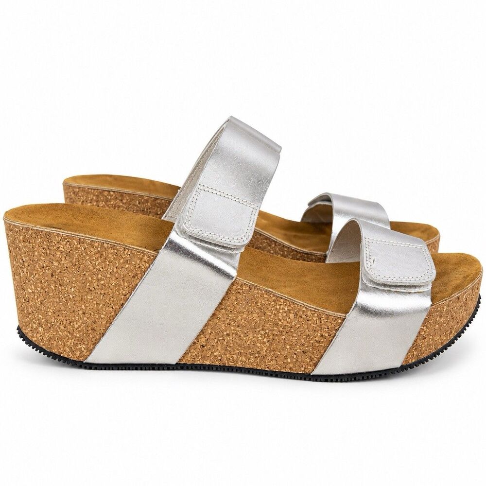 EricMichael Wedge Sandals Womens 41 Silver Leather Cork Platform Portugal